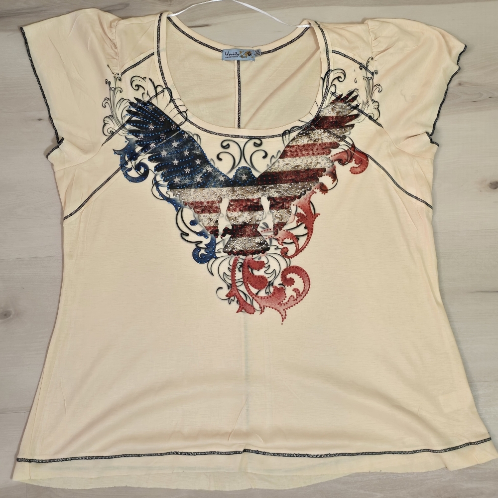 Unity world wear woman America red white and blue bling t-shirt eagle size 1X